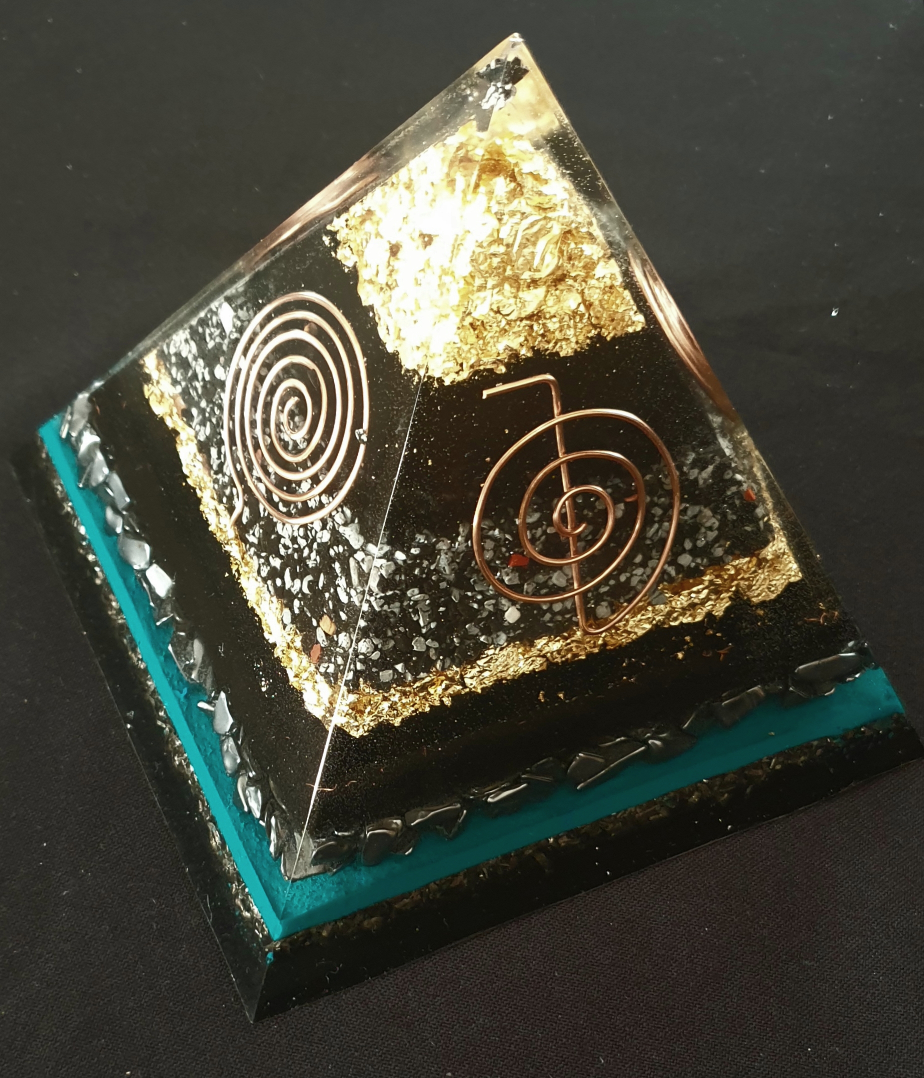 Botanical Malachite series orgonite pyramid with deep greens, black tourmaline, and copper accents